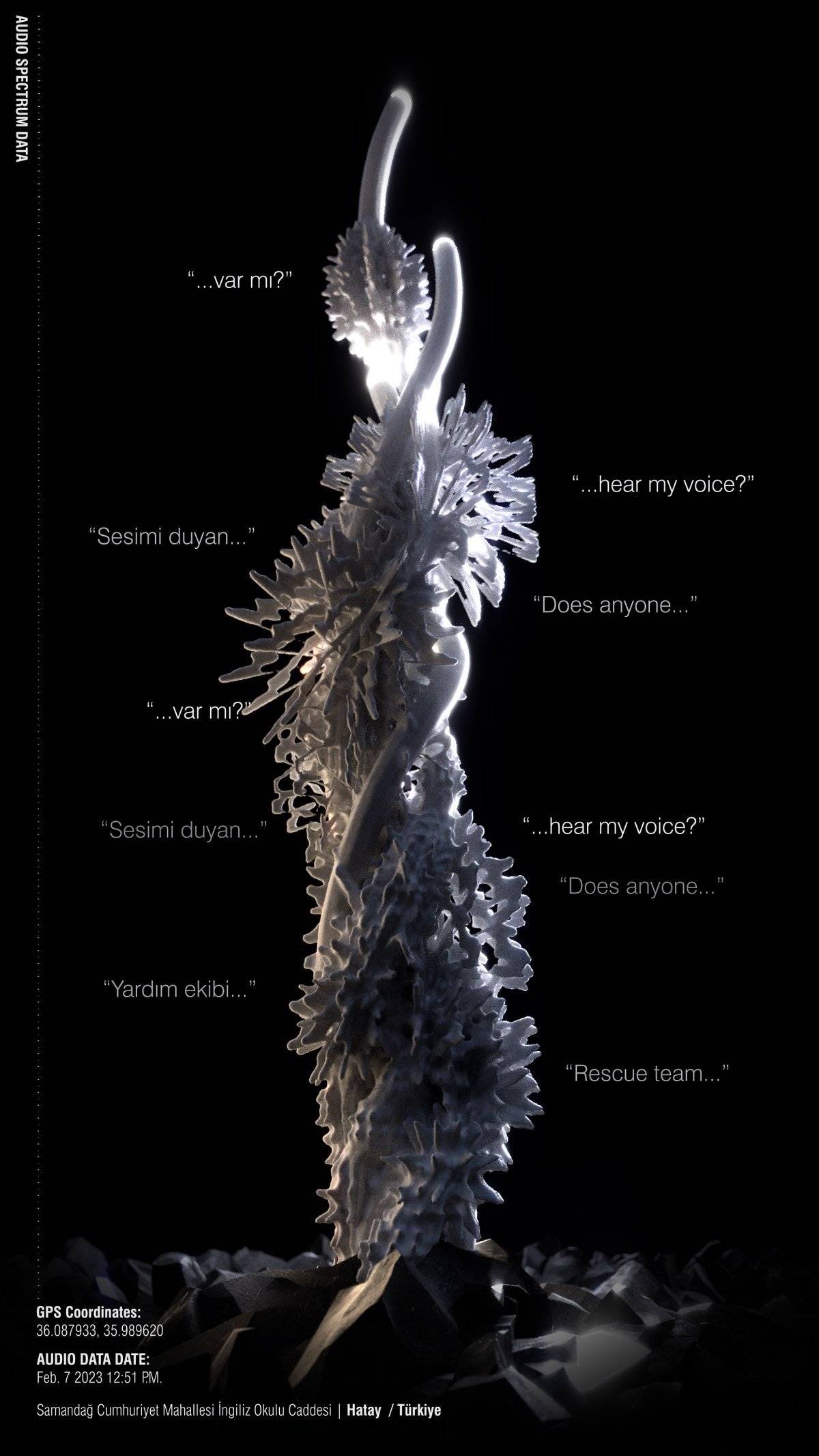 The digital sculpture annotated with the words of the recording