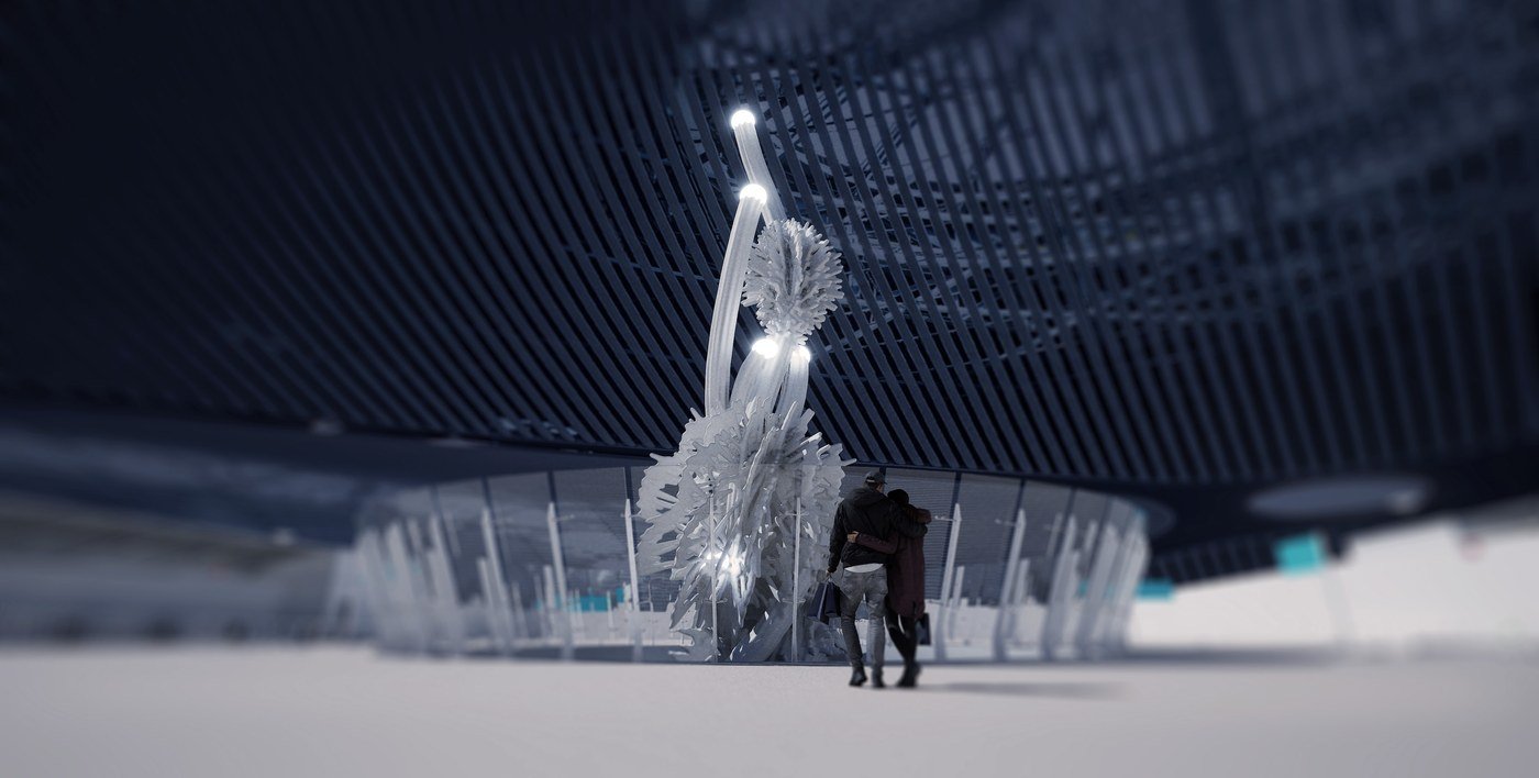 Visualisation of the sculpture with lit spheres at its tips, two visitors below